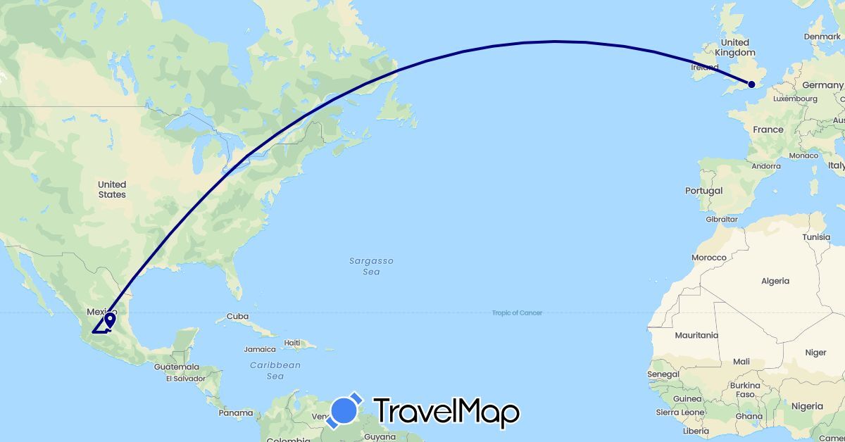 TravelMap itinerary: driving in Canada, United Kingdom, Mexico (Europe, North America)